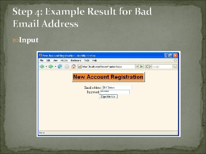 Step 4: Example Result for Bad Email Address Input 