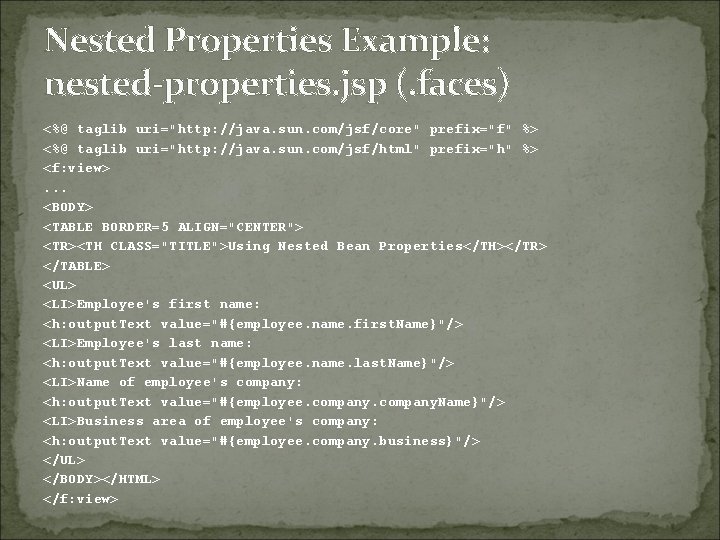 Nested Properties Example: nested-properties. jsp (. faces) <%@ taglib uri="http: //java. sun. com/jsf/core" prefix="f"