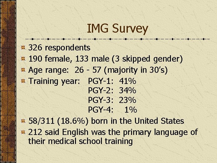 IMG Survey 326 respondents 190 female, 133 male (3 skipped gender) Age range: 26