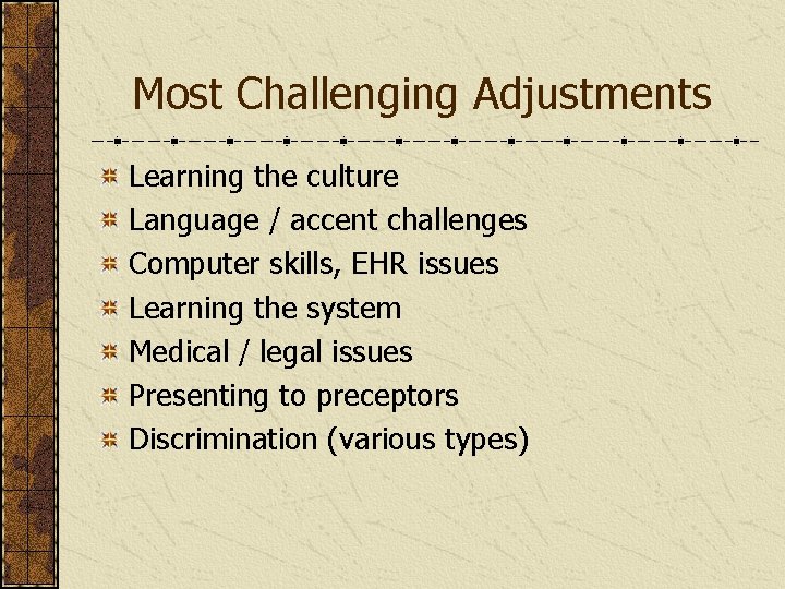 Most Challenging Adjustments Learning the culture Language / accent challenges Computer skills, EHR issues