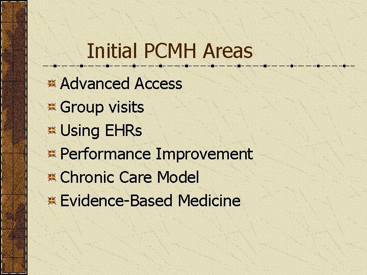 Initial PCMH Areas Advanced Access Group visits Using EHRs Performance Improvement Chronic Care Model