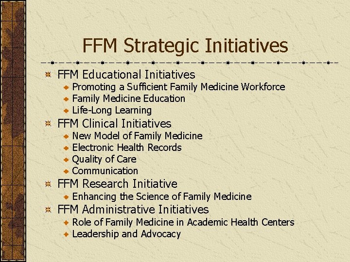 FFM Strategic Initiatives FFM Educational Initiatives Promoting a Sufficient Family Medicine Workforce Family Medicine