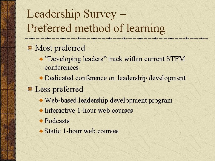 Leadership Survey – Preferred method of learning Most preferred “Developing leaders” track within current