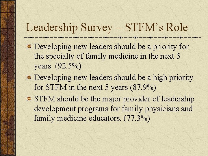 Leadership Survey – STFM’s Role Developing new leaders should be a priority for the