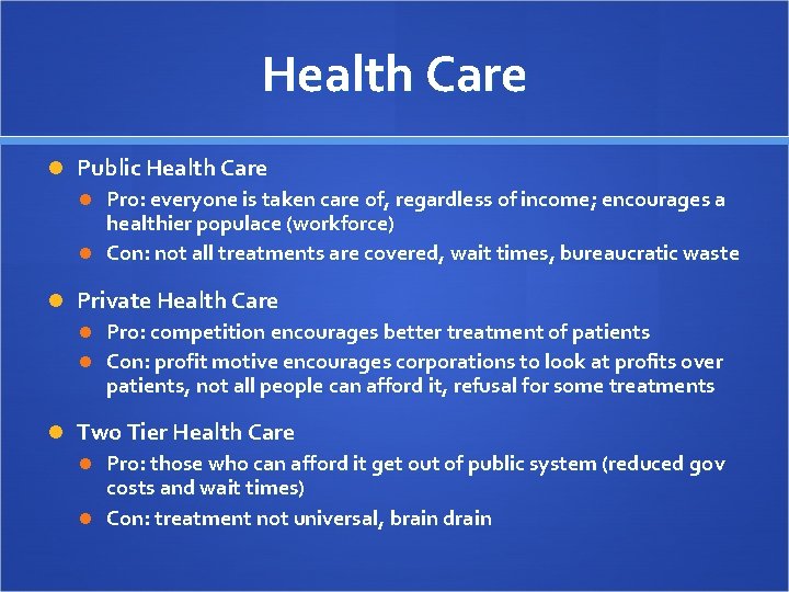 Health Care Public Health Care Pro: everyone is taken care of, regardless of income;