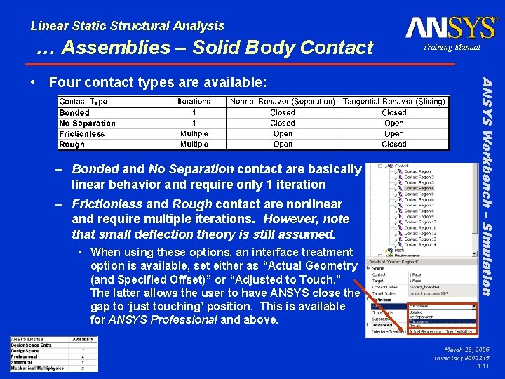 Linear Static Structural Analysis … Assemblies – Solid Body Contact – Bonded and No