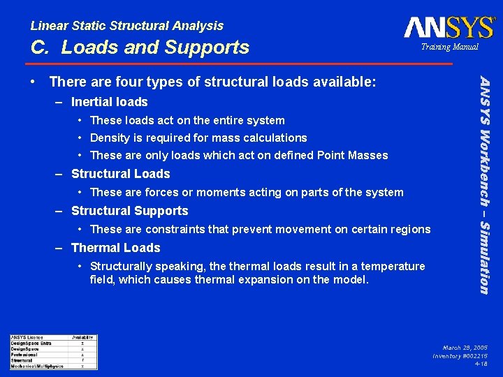 Linear Static Structural Analysis C. Loads and Supports Training Manual – Inertial loads •