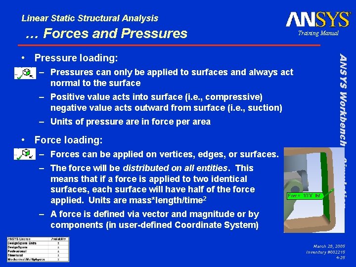 Linear Static Structural Analysis … Forces and Pressures – Pressures can only be applied