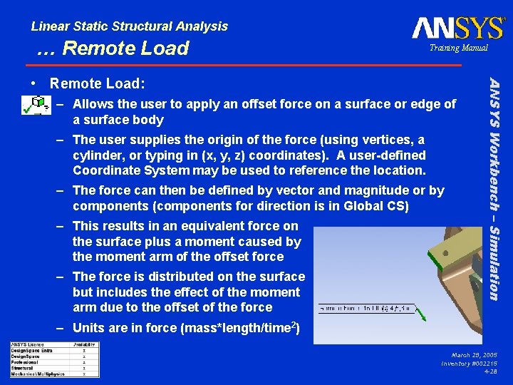 Linear Static Structural Analysis … Remote Load Training Manual – Allows the user to