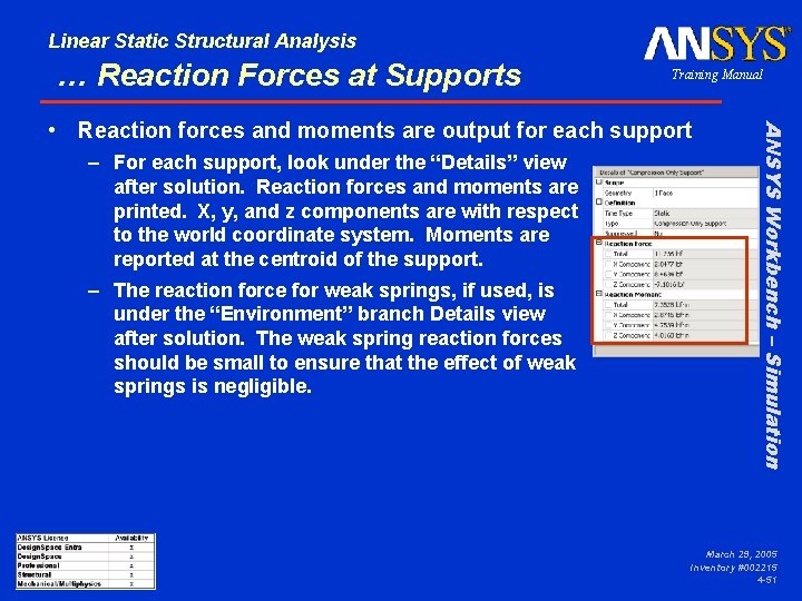 Linear Static Structural Analysis … Reaction Forces at Supports Training Manual – For each