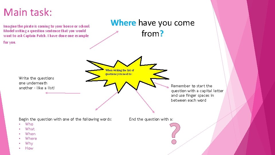 Main task: Imagine the pirate is coming to your house or school. Model writing