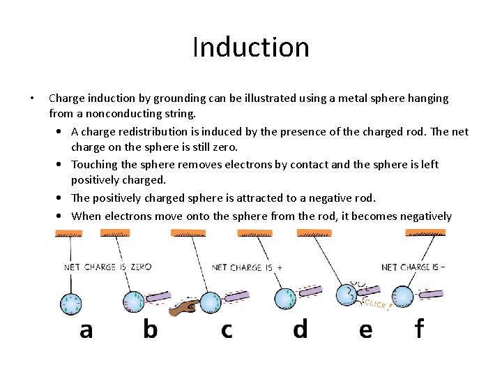 Induction • Charge induction by grounding can be illustrated using a metal sphere hanging