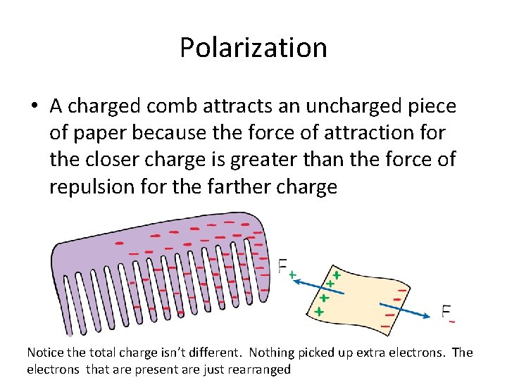 Polarization • A charged comb attracts an uncharged piece of paper because the force