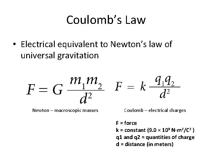 Coulomb’s Law • Electrical equivalent to Newton’s law of universal gravitation Newton – macroscopic