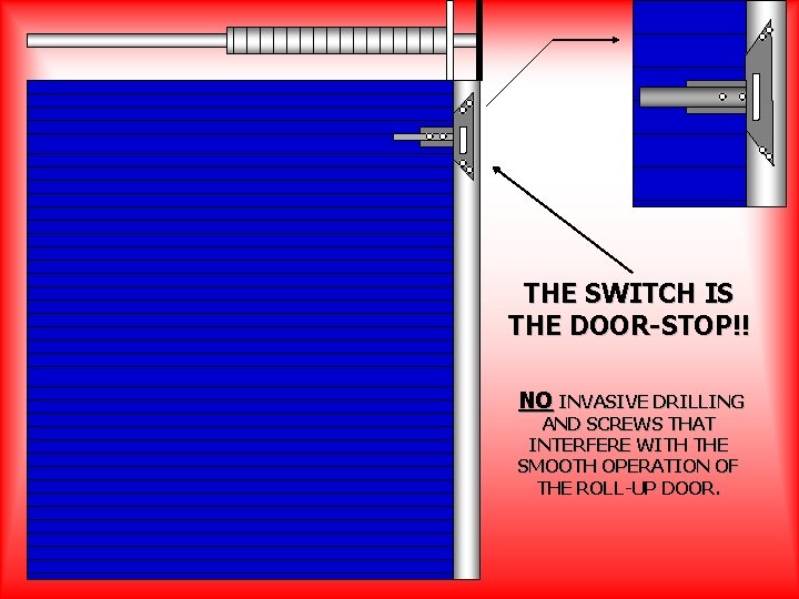 THE SWITCH IS THE DOOR-STOP!! NO INVASIVE DRILLING AND SCREWS THAT INTERFERE WITH THE