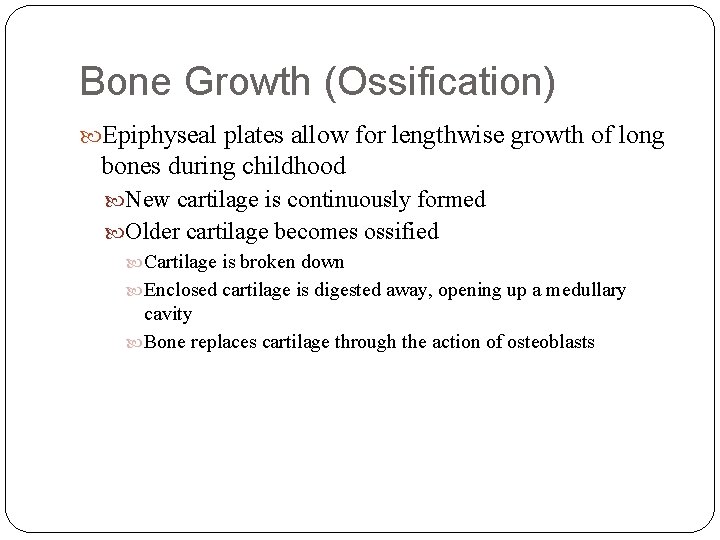 Bone Growth (Ossification) Epiphyseal plates allow for lengthwise growth of long bones during childhood