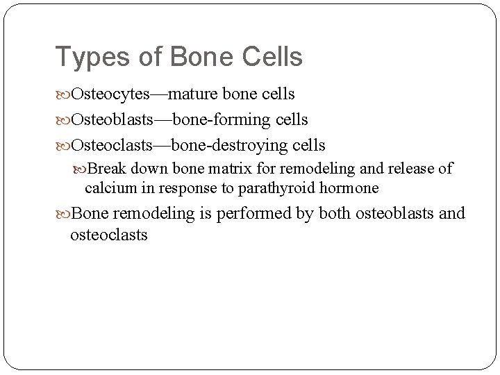 Types of Bone Cells Osteocytes—mature bone cells Osteoblasts—bone-forming cells Osteoclasts—bone-destroying cells Break down bone