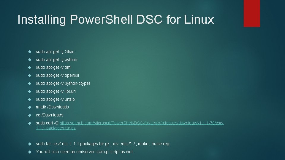 Installing Power. Shell DSC for Linux sudo apt-get -y Glibc sudo apt-get -y python