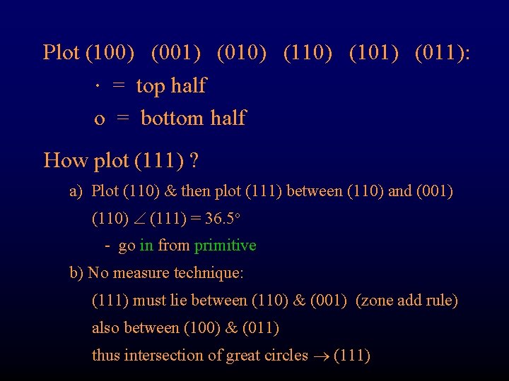 Plot (100) (001) (010) (101) (011): = top half o = bottom half How