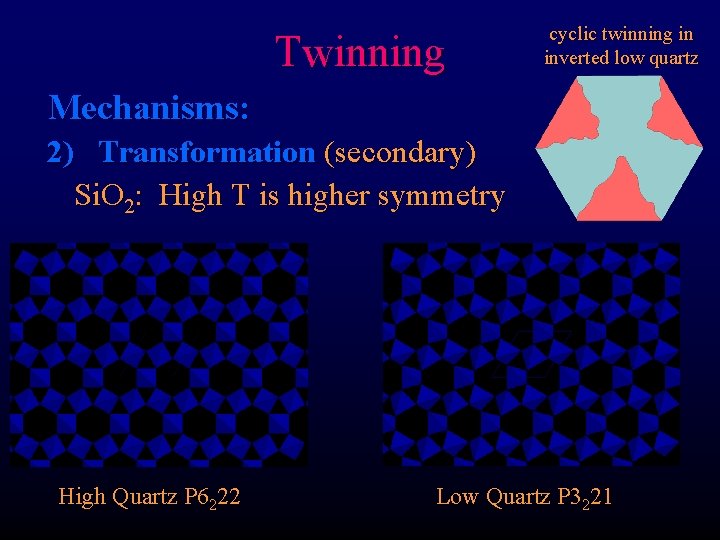 Twinning cyclic twinning in inverted low quartz Mechanisms: 2) Transformation (secondary) Si. O 2: