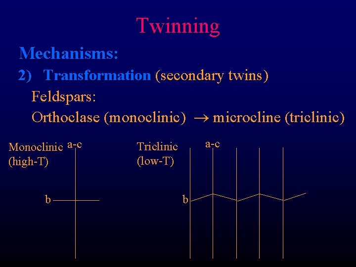 Twinning Mechanisms: 2) Transformation (secondary twins) Feldspars: Orthoclase (monoclinic) microcline (triclinic) Monoclinic a-c (high-T)