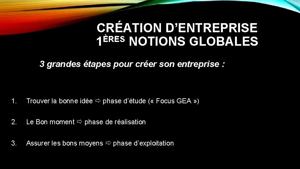 CRÉATION D’ENTREPRISE 1ÈRES NOTIONS GLOBALES 3 grandes étapes pour créer son entreprise : 1.