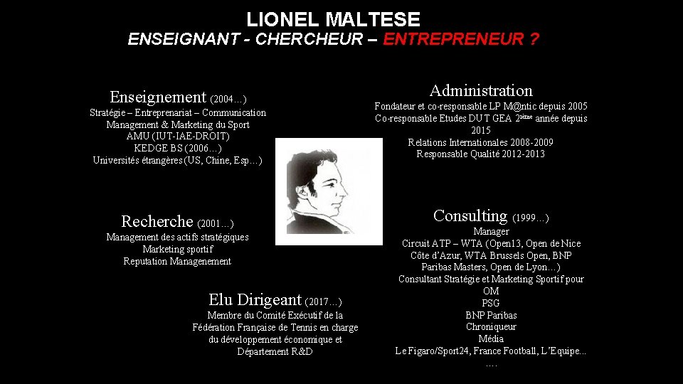LIONEL MALTESE ENSEIGNANT - CHERCHEUR – ENTREPRENEUR ? Enseignement (2004…) Stratégie – Entreprenariat –