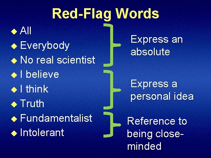 Red-Flag Words All u Everybody u No real scientist u I believe u I