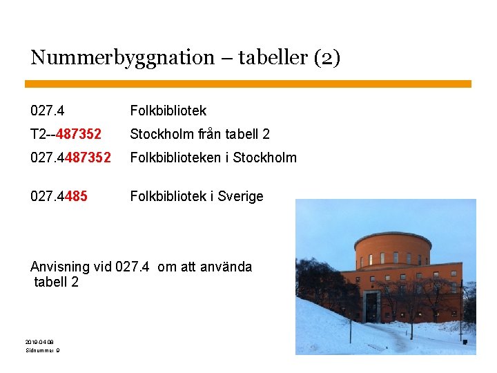 Nummerbyggnation – tabeller (2) 027. 4 Folkbibliotek T 2 --487352 Stockholm från tabell 2