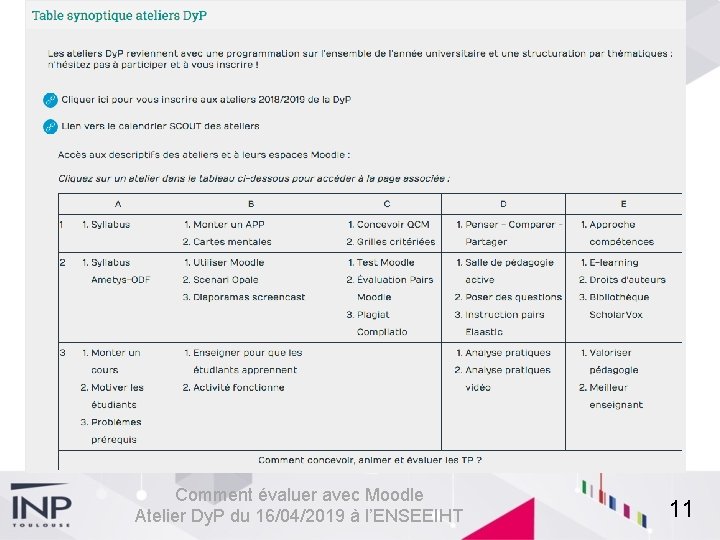 Comment évaluer avec Moodle Atelier Dy. P du 16/04/2019 à l’ENSEEIHT 11 