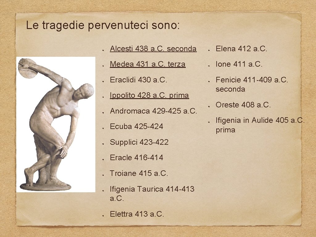Le tragedie pervenuteci sono: Alcesti 438 a. C. seconda Elena 412 a. C. Medea