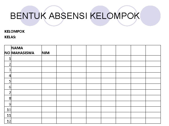 BENTUK ABSENSI KELOMPOK KELAS: NAMA NO MAHASISWA 1 2 3 4 5 6 7