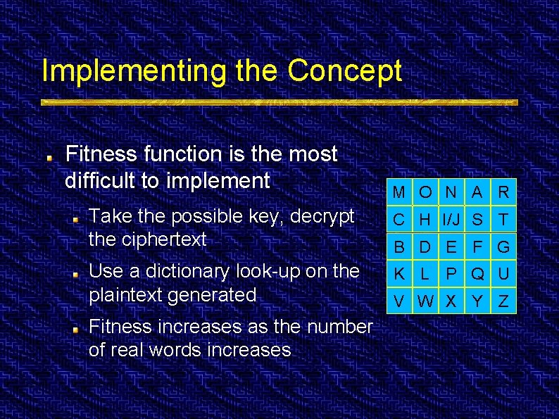 Implementing the Concept Fitness function is the most difficult to implement M O N