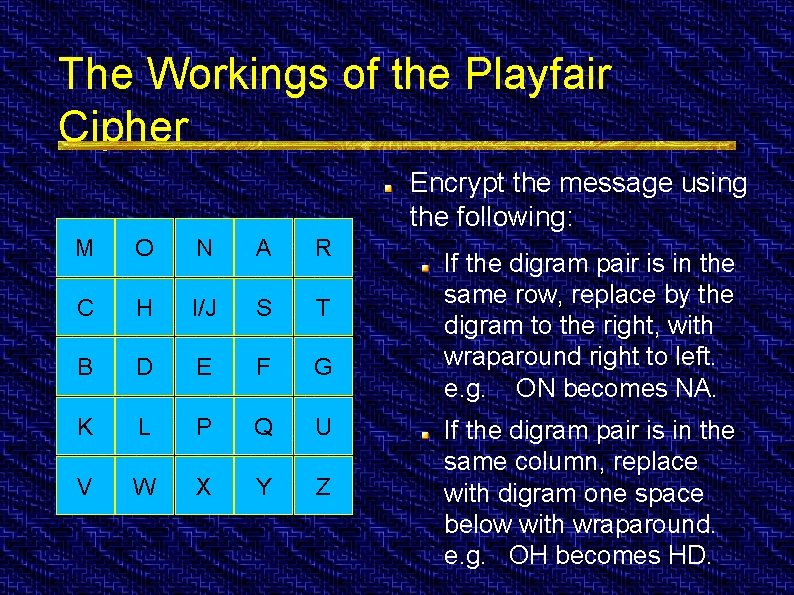 The Workings of the Playfair Cipher Encrypt the message using the following: M O