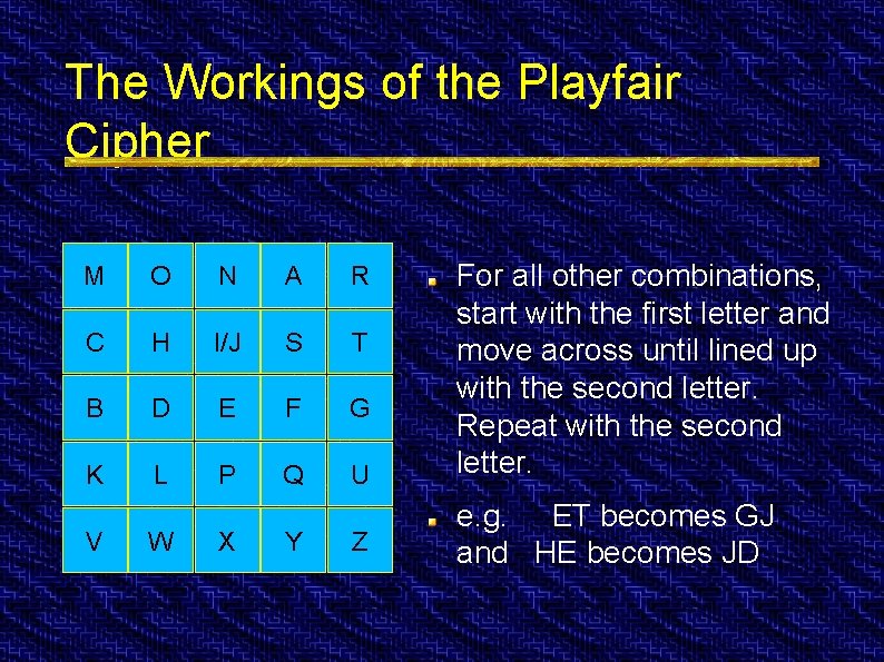 The Workings of the Playfair Cipher M O N A R C H I/J