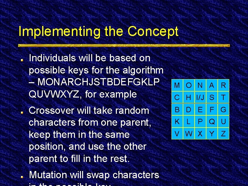 Implementing the Concept Individuals will be based on possible keys for the algorithm –