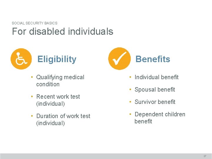 SOCIAL SECURITY BASICS For disabled individuals Eligibility Benefits • Qualifying medical condition • Individual