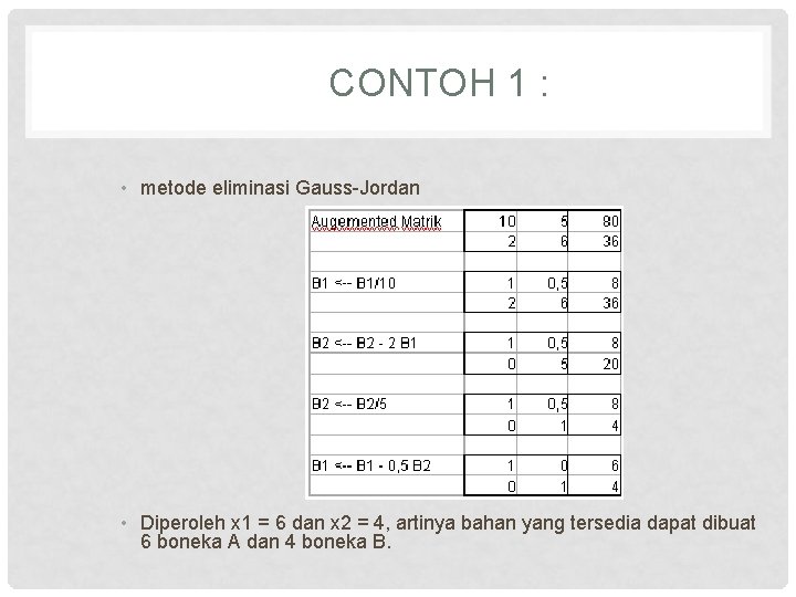 CONTOH 1 : • metode eliminasi Gauss-Jordan • Diperoleh x 1 = 6 dan