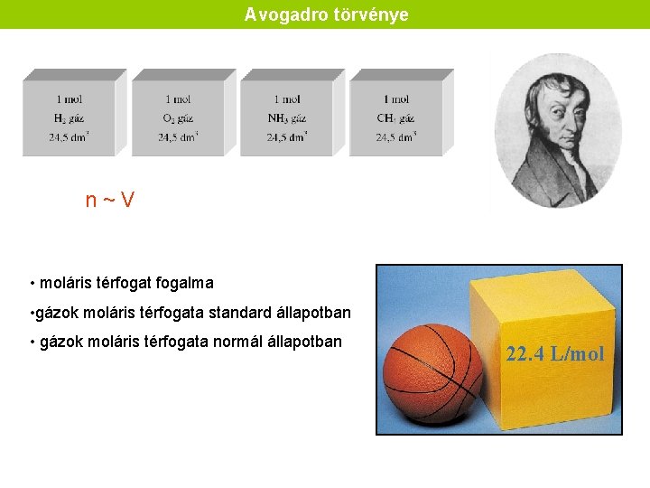 Avogadro törvénye n~V • moláris térfogat fogalma • gázok moláris térfogata standard állapotban •