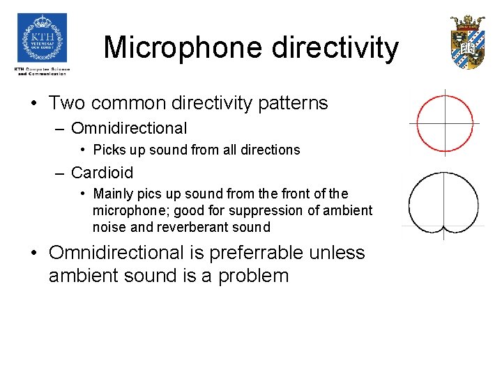 Microphone directivity • Two common directivity patterns – Omnidirectional • Picks up sound from