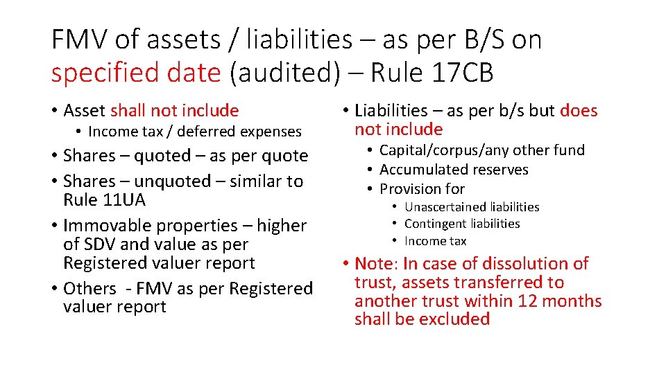 FMV of assets / liabilities – as per B/S on specified date (audited) – FMV of assets / liabilities – as per B/S on specified date (audited) –