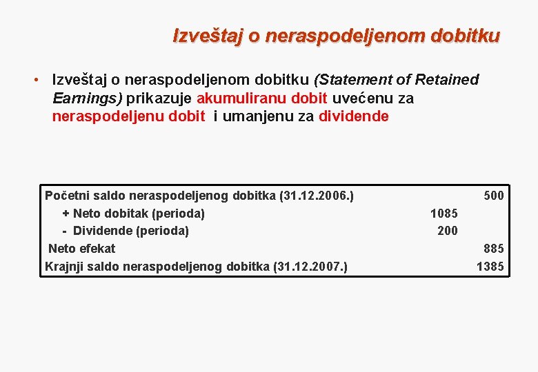 Izveštaj o neraspodeljenom dobitku • Izveštaj o neraspodeljenom dobitku (Statement of Retained Earnings) prikazuje