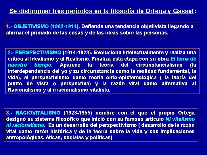 Se distinguen tres períodos en la filosofía de Ortega y Gasset: 1. - OBJETIVISMO Se distinguen tres períodos en la filosofía de Ortega y Gasset: 1. - OBJETIVISMO