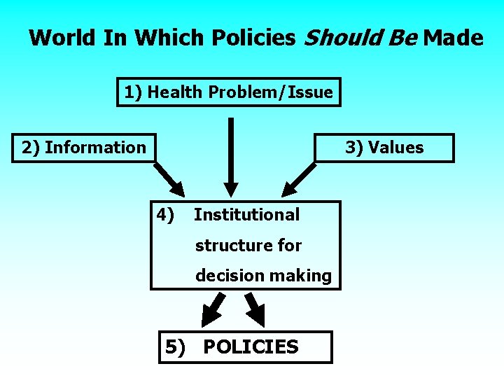 World In Which Policies Should Be Made 1) Health Problem/Issue 2) Information 3) Values