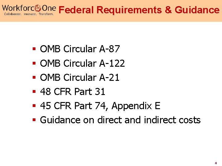 Federal Requirements & Guidance § § § OMB Circular A-87 OMB Circular A-122 OMB