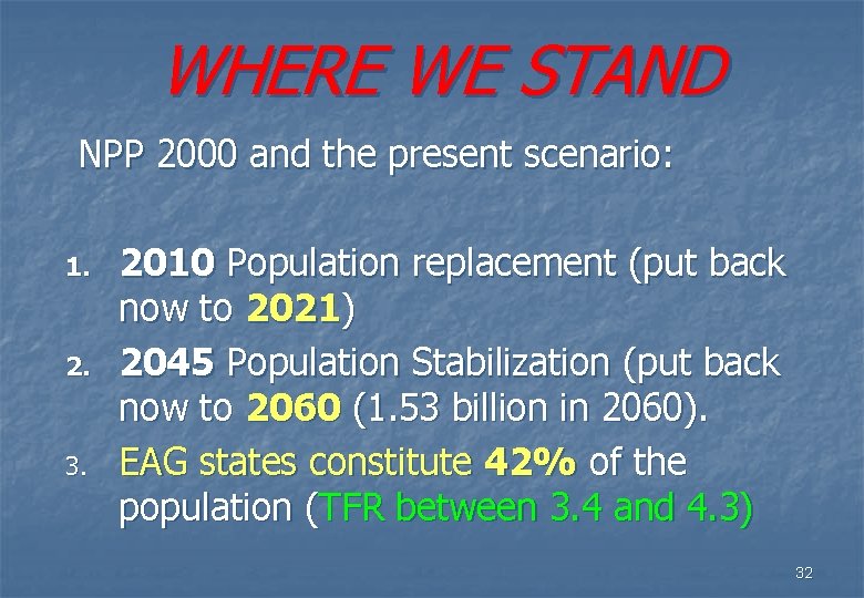 WHERE WE STAND NPP 2000 and the present scenario: 1. 2. 3. 2010 Population