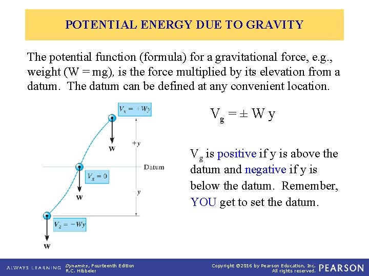 POTENTIAL ENERGY DUE TO GRAVITY The potential function (formula) for a gravitational force, e.