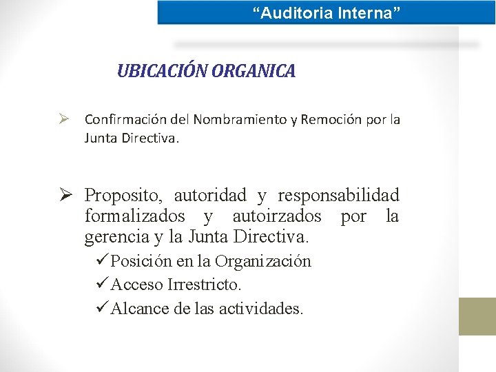 “Auditoria Interna” UBICACIÓN ORGANICA Ø Confirmación del Nombramiento y Remoción por la Junta Directiva.