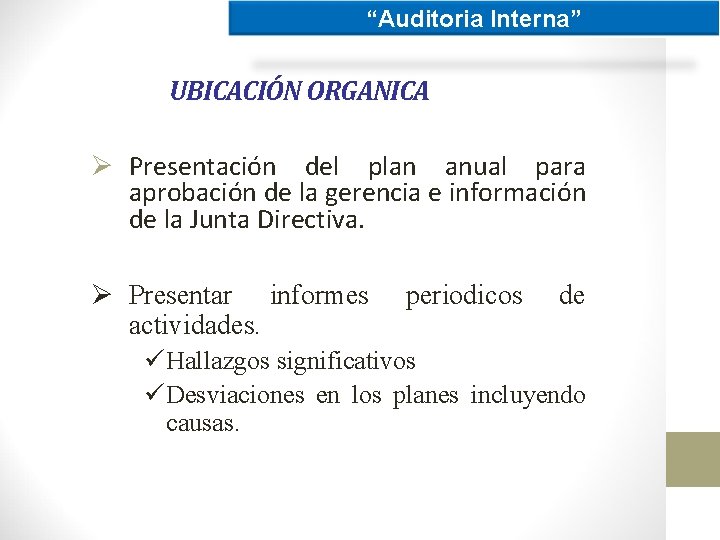 “Auditoria Interna” UBICACIÓN ORGANICA Ø Presentación del plan anual para aprobación de la gerencia