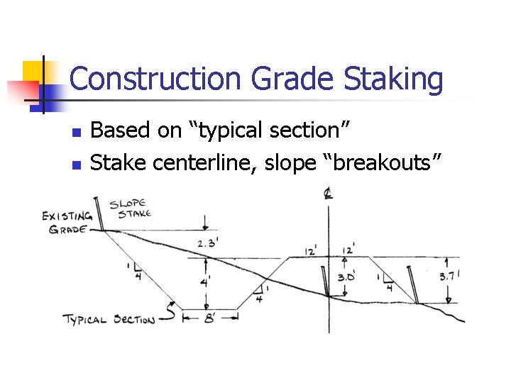 Construction Grade Staking n n Based on “typical section” Stake centerline, slope “breakouts” 